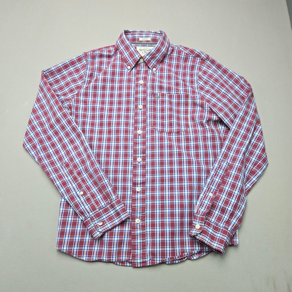Abercrombie & Fitch Shirt Muscle Fit Plaid Button Down Red White Blue Mens L